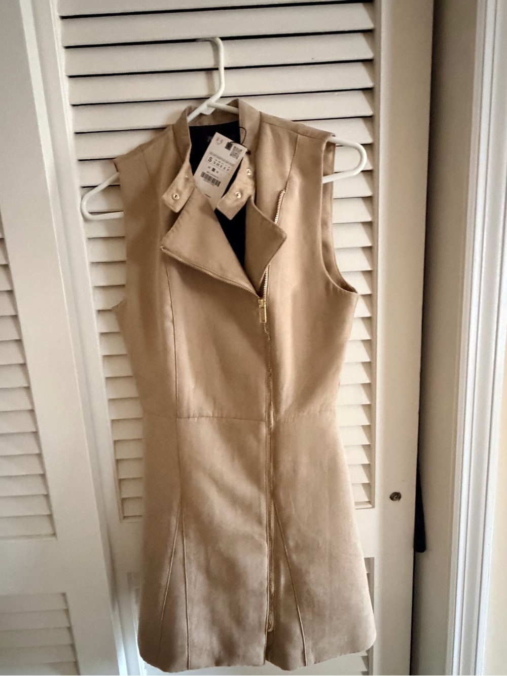 Zara Sleeveless Zip-Front Beige suede Dress